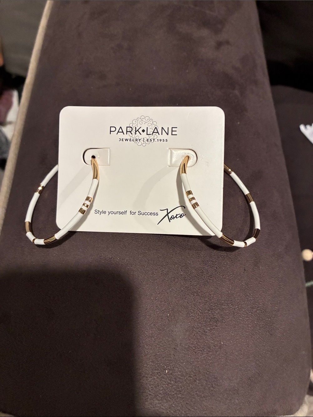 Park Lane White and Gold Striped Hoop Earrings - Picture 1 of 3